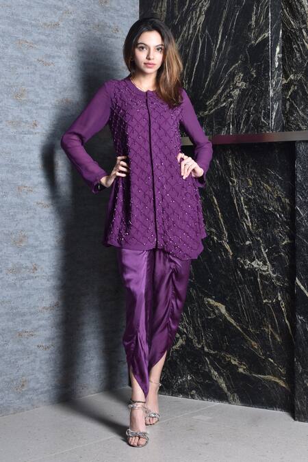 Buy_Seams Pret And Couture_Purple Georgette, Shantoon And Grand Satin Embroidered Tunic & Dhoti Pant Set _Online_at_Aza_Fashions