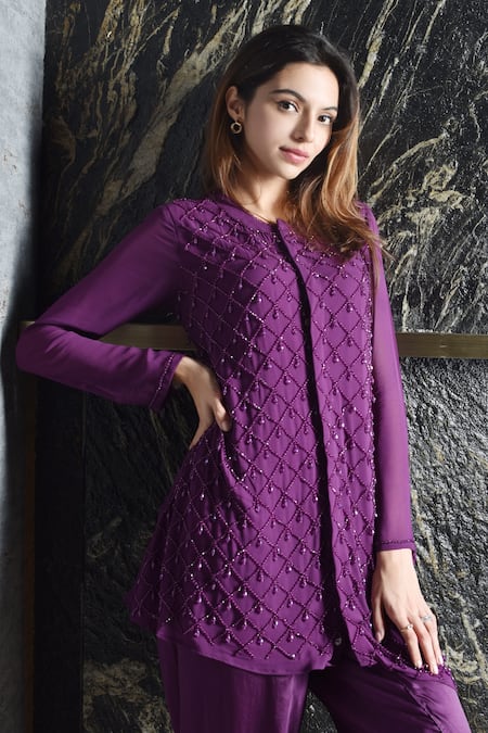 Shop_Seams Pret And Couture_Purple Georgette, Shantoon And Grand Satin Embroidered Tunic & Dhoti Pant Set _Online_at_Aza_Fashions