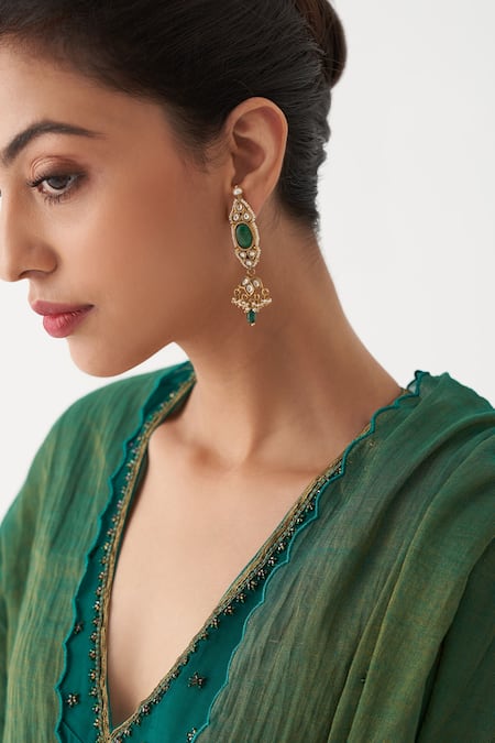 Shop_Rhua_Green Dupatta Tissue Chanderi, Kurta Habutai Silk, Pant Zoya Embroidered Set _Online_at_Aza_Fashions