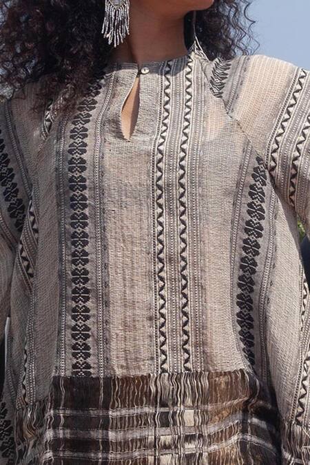 Kritika Murarka_White Cotton Ikat Motifs Jewel Neck Boho Kaftan Top_Online_at_Aza_Fashions