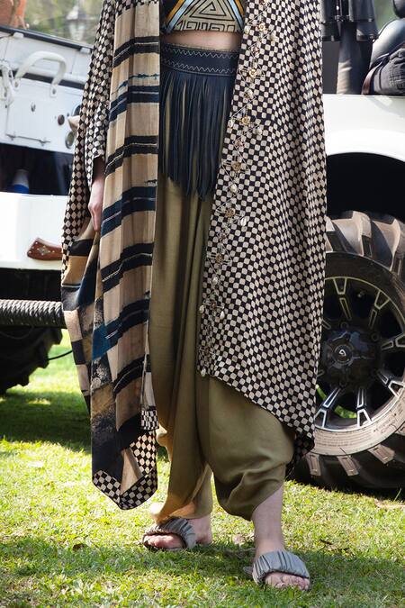 Kritika Murarka_Beige Modal Satin Hand Embroidered Geometric Motifs Checkered Cape Set _Online_at_Aza_Fashions