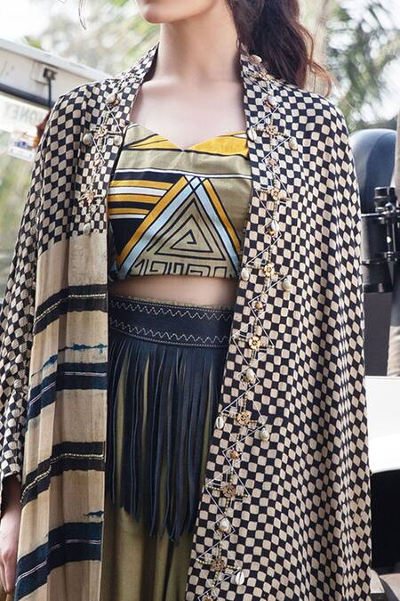 Buy_Kritika Murarka_Beige Modal Satin Hand Embroidered Geometric Motifs Checkered Cape Set _Online_at_Aza_Fashions