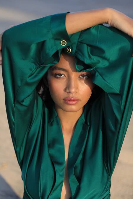 Shop_Zwaan_Green Armani Satin Shawl Collar Draped Shirt Dress_Online_at_Aza_Fashions