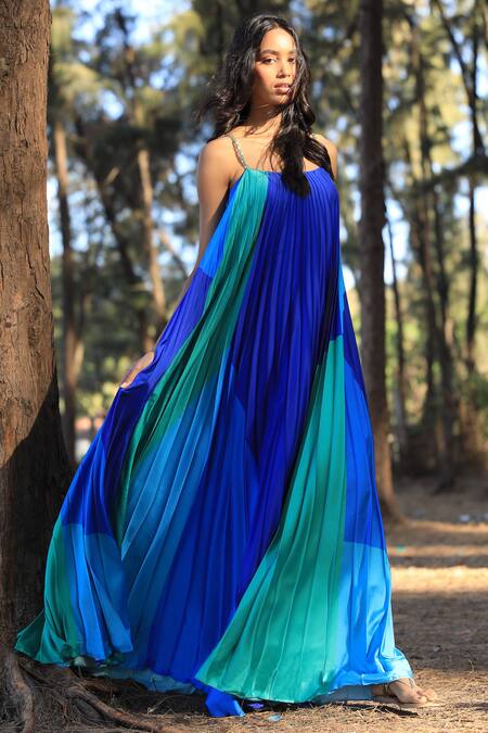 Buy_Zwaan_Blue Armani Satin Square Neck Colorblock Gown_Online_at_Aza_Fashions