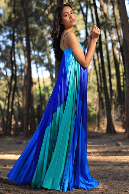 Zwaan_Blue Armani Satin Square Neck Colorblock Gown_Online_at_Aza_Fashions