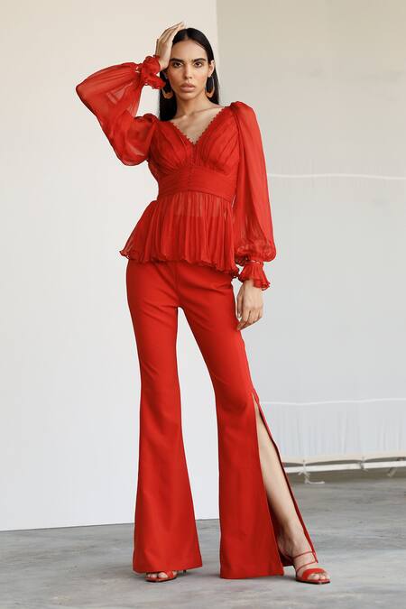 Zwaan_Red Banana Crepe, Silk Chiffon V Neck Draped Top And Pant Set_Online_at_Aza_Fashions