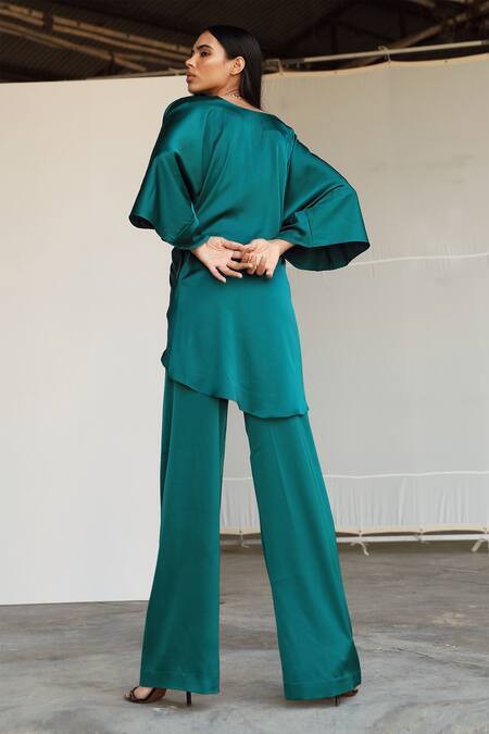 Shop_Zwaan_Green Armani Satin V Neck Draped Top And Pant Set_at_Aza_Fashions