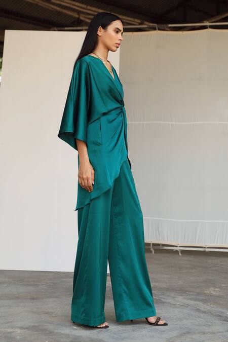 Zwaan_Green Armani Satin V Neck Draped Top And Pant Set_Online_at_Aza_Fashions