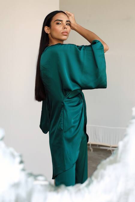 Buy_Zwaan_Green Armani Satin V Neck Draped Top And Pant Set_Online_at_Aza_Fashions
