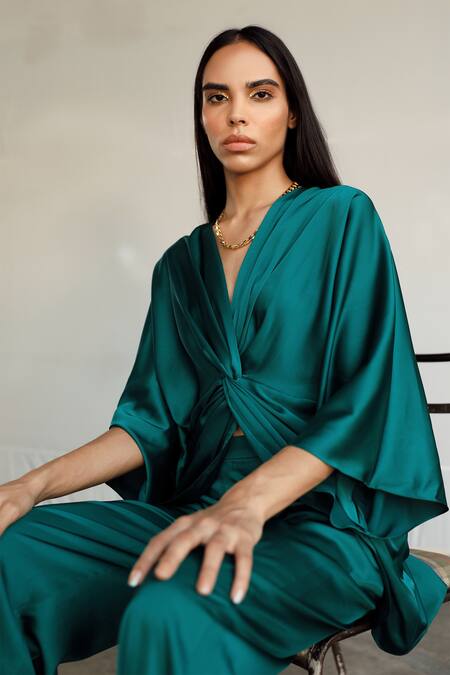 Shop_Zwaan_Green Armani Satin V Neck Draped Top And Pant Set_Online_at_Aza_Fashions