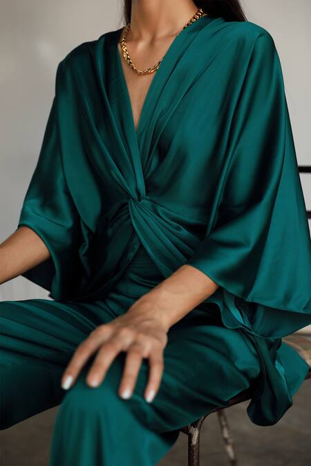Zwaan_Green Armani Satin V Neck Draped Top And Pant Set_at_Aza_Fashions