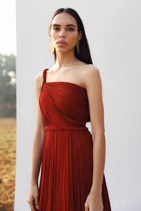 Shop_Zwaan_Red Georgette Asymmetric One Shoulder Pleated Gown_Online_at_Aza_Fashions