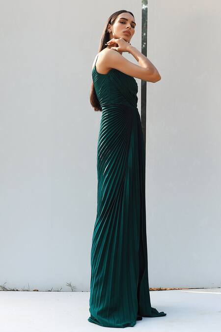 Zwaan_Green Armani Satin V Neck Pleated Front-slit Gown_Online_at_Aza_Fashions