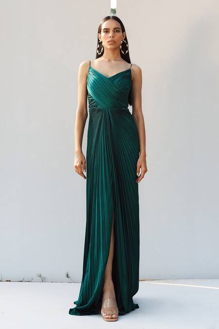 Buy_Zwaan_Green Armani Satin V Neck Pleated Front-slit Gown_Online_at_Aza_Fashions