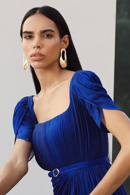 Zwaan_Blue Georgette Sqaure Draped Pleated Gown_Online_at_Aza_Fashions