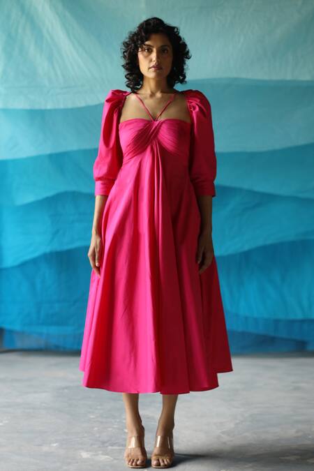 Zwaan_Pink Cotton Satin Sweetheart Neck Puff Sleeves Dress_Online_at_Aza_Fashions