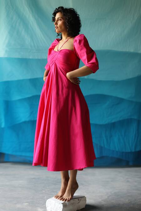 Buy_Zwaan_Pink Cotton Satin Sweetheart Neck Puff Sleeves Dress_Online_at_Aza_Fashions