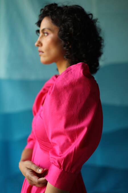 Zwaan_Pink Cotton Satin Sweetheart Neck Puff Sleeves Dress_at_Aza_Fashions