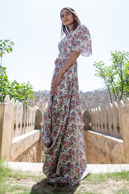 Pasha India_White Linen Floral Print Round Dress_Online_at_Aza_Fashions