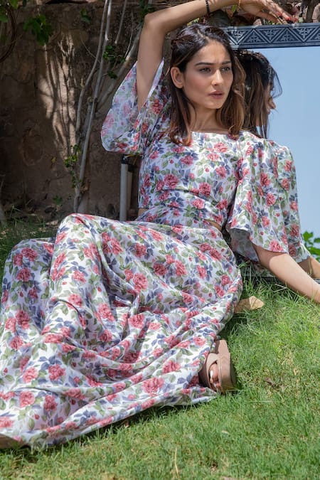 Buy_Pasha India_White Linen Floral Print Round Dress_Online_at_Aza_Fashions