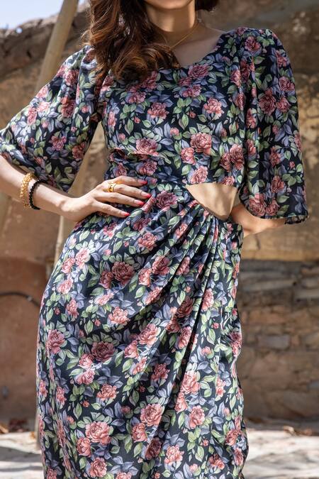 Pasha India_Black Linen Floral Print Round Dress_at_Aza_Fashions