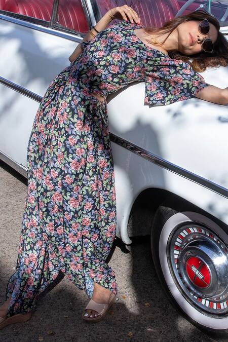 Pasha India_Black Linen Floral Print Round Draped Jumpsuit_Online_at_Aza_Fashions