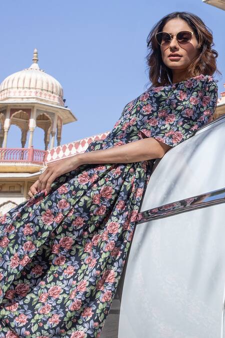 Buy_Pasha India_Black Linen Floral Print Round Draped Jumpsuit_Online_at_Aza_Fashions