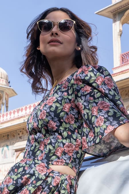 Shop_Pasha India_Black Linen Floral Print Round Draped Jumpsuit_Online_at_Aza_Fashions