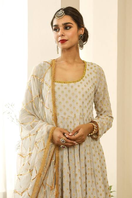 Shop Gulabo Jaipur Grey Chiffon, Georgette Gota , Thread Zuri Embroidered Anarkali Set Online at Aza Fashions Shop_Gulabo Jaipur_Grey Chiffon, Georgette Gota , Thread Zuri Embroidered Anarkali Set _Online_at_Aza_Fashions