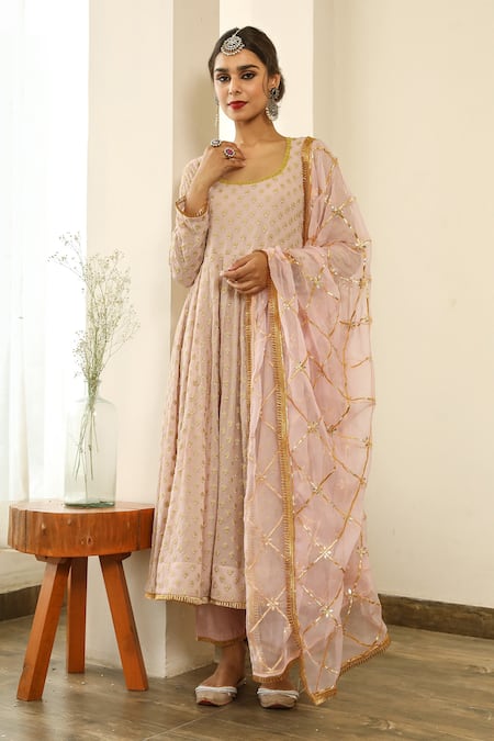 Gulabo Jaipur Pink Chiffon, Georgette Gota , Thread Zuri Embroidered Anarkali Set 