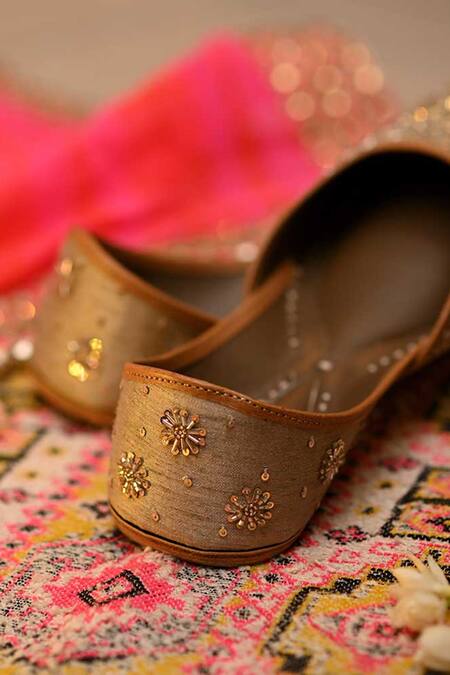 Coral Haze Gold Zuri Glass Bead Embroidered Juttis Online at Aza Fashions Coral Haze_Gold Zuri Glass Bead Embroidered Juttis_Online_at_Aza_Fashions