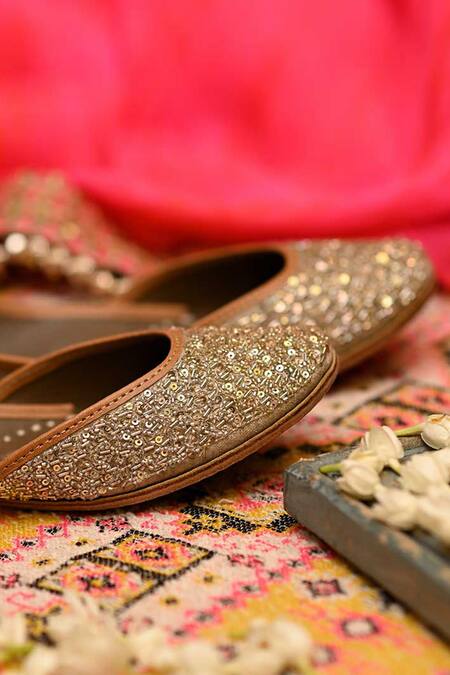 Shop Coral Haze Gold Zuri Glass Bead Embroidered Juttis Online at Aza Fashions Shop_Coral Haze_Gold Zuri Glass Bead Embroidered Juttis_Online_at_Aza_Fashions