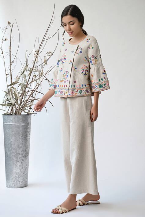 Buy Umbar Cotton Linen Embroidered Jacket Online | Aza Fashions