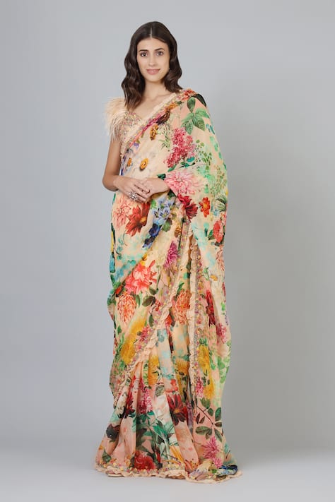 Printed Saree With Embellished Blouse