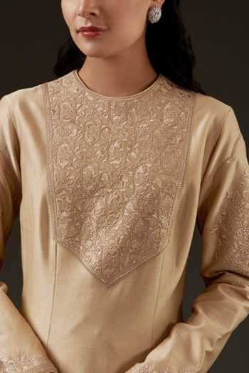 Beige Chanderi Printed Kalidar Kurta