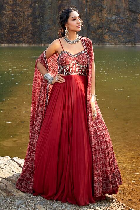 Embroidered Anarkali With Printed Cape