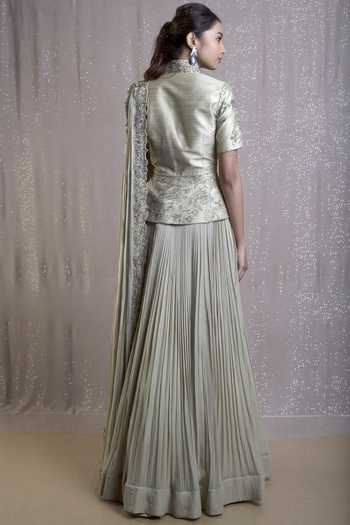 Beige & Green Long Kurti Style Embroidered Lehenga