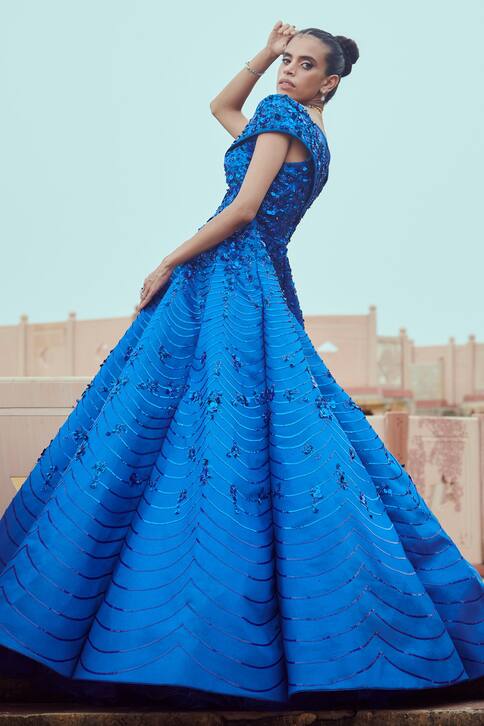 Buy Rachit Khanna Blue Slub Satin Floral Applique Gown Online Aza