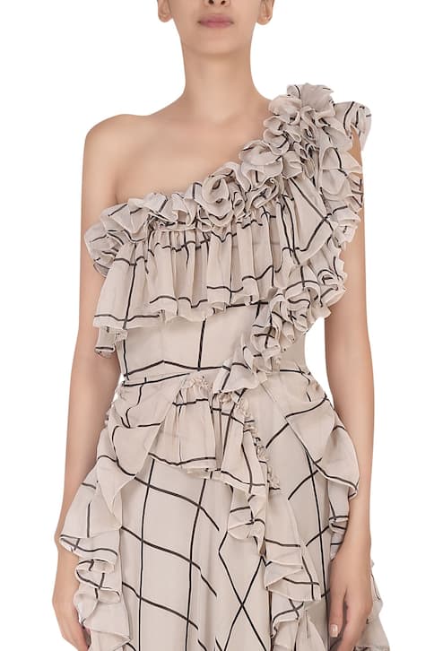Buy Deme by Gabriella Beige One Shoulder Gown Online | Aza Fashions
