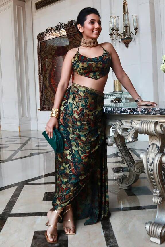 Punit Balana Silk Satin Block Print Skirt Set