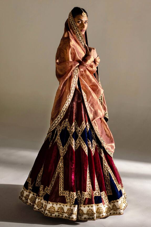 Mimamsaa Tiffanie Velvet Colorblock Lehenga Set