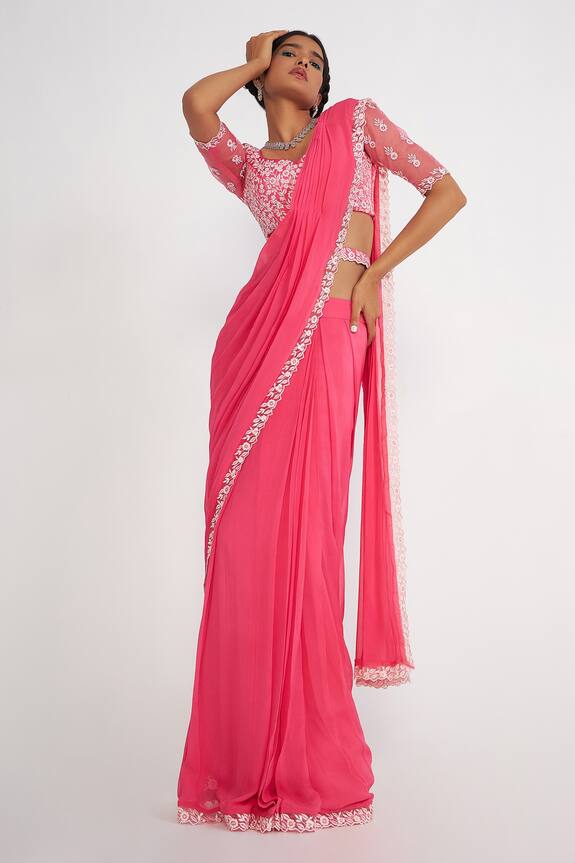 Asaga Cady Floral Embroidered Blouse Pre-Draped Saree Set