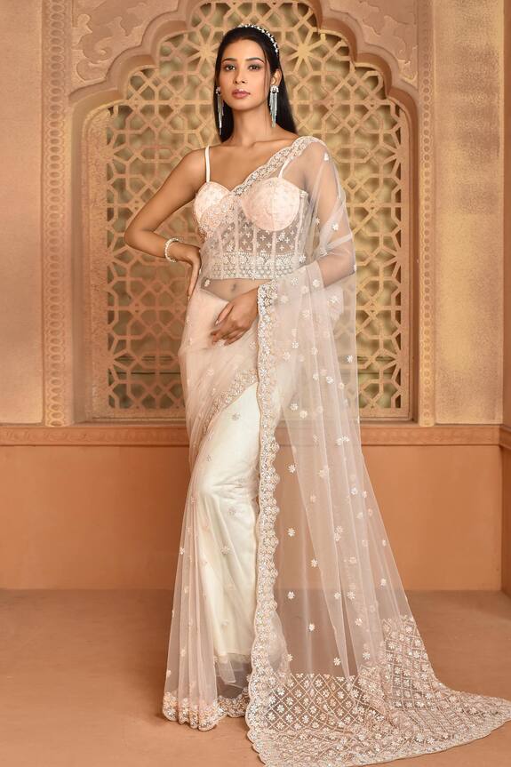 Kalighata Net Embroidered Saree With Corset Blouse