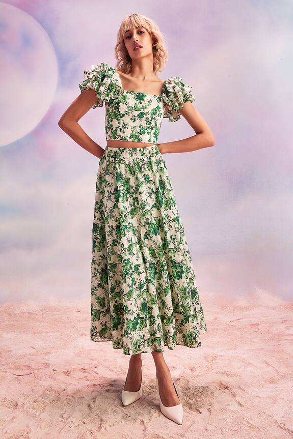House of Eda Daryll Leaf Print Crop Top & Skirt Set