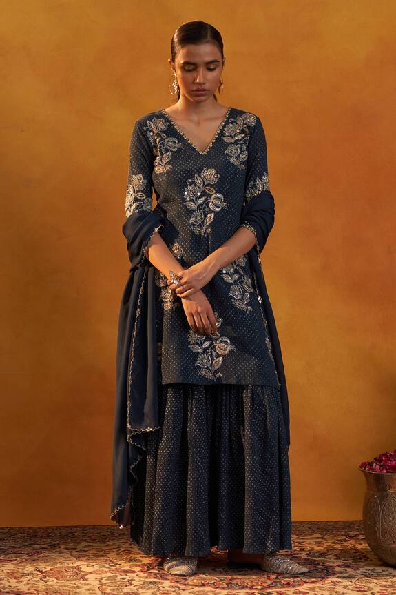Rekha Agra Floral Hand Block Print Kurta Gharara Set