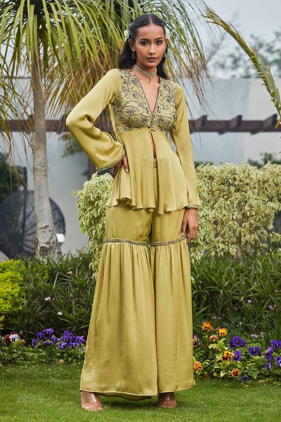 Bohame Aziza Hand Embroidered Top & Sharara Pant Set
