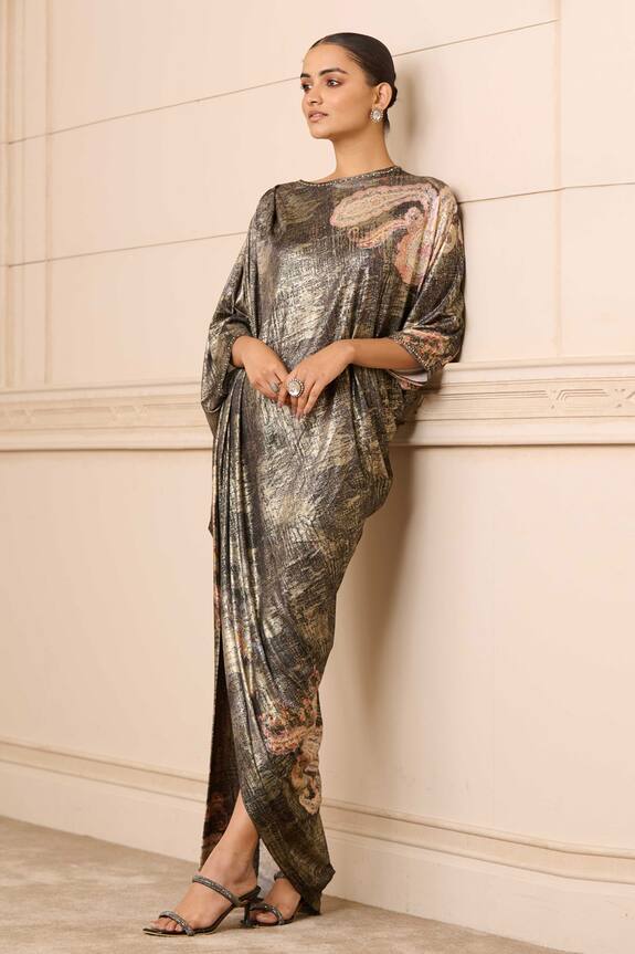 Tarun Tahiliani Foil Jersey Paisley Print Draped Dress