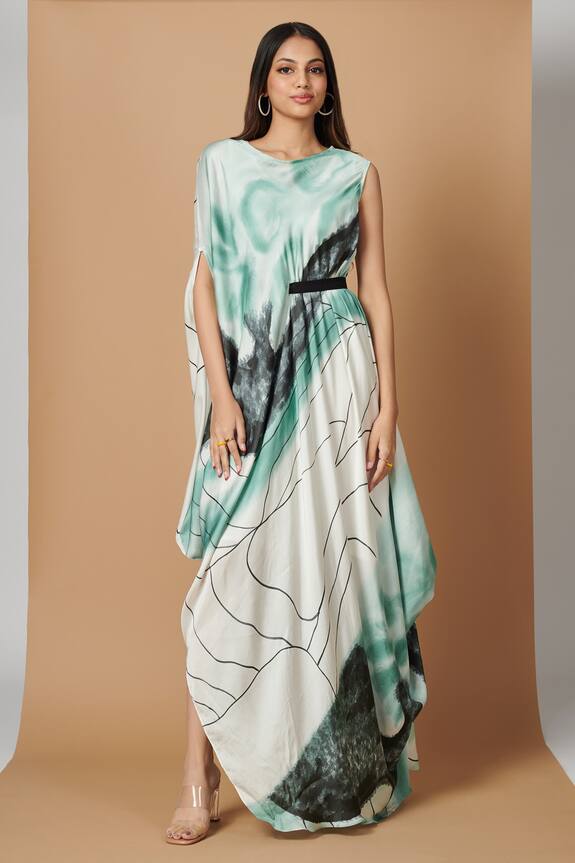 Vedika M Hand Brush Painted Asymmetric Draped Dress