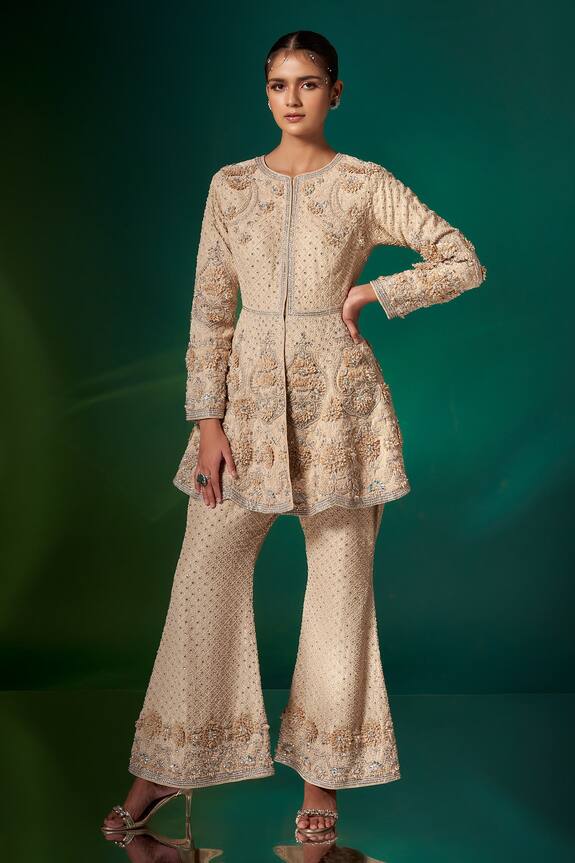 Stotram Floral Embroidered Organza Peplum Kurta & Pant Set