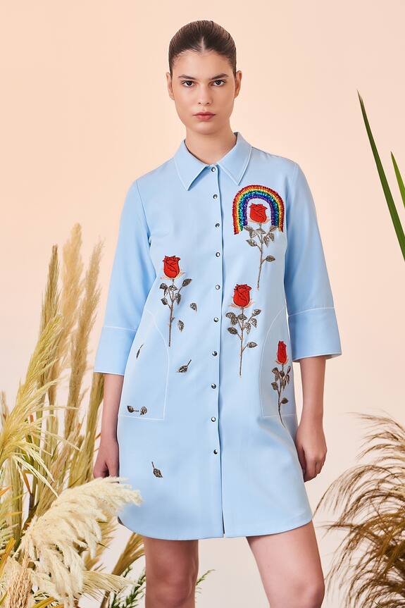Shahin Mannan Rose Embroidered Shirt Dress